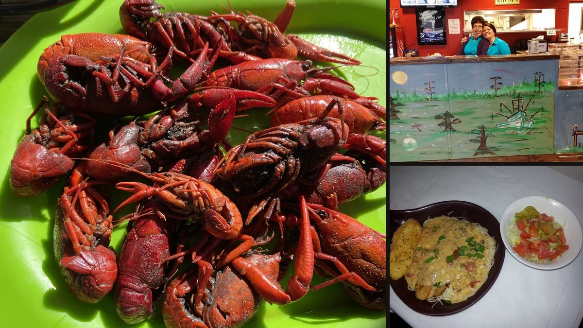 Cajun plates served on a relaxed restaurant table.