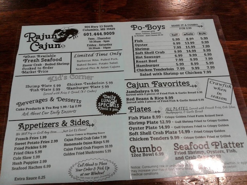 Seafood platter options listed for lunch and dinner.